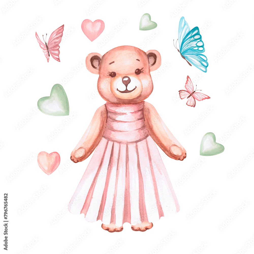 Standing little bear in a dress in a watercolor illustration with butterflies on a white background. Hand drawn teddy bear illustration for nurseries, clothing, newborns, baby shower or baby posters. Standing little bear in a dress in a watercolor illustration with butterflies on a white background. Hand drawn teddy bear illustration for nurseries, clothing, newborns, baby shower or baby posters.
