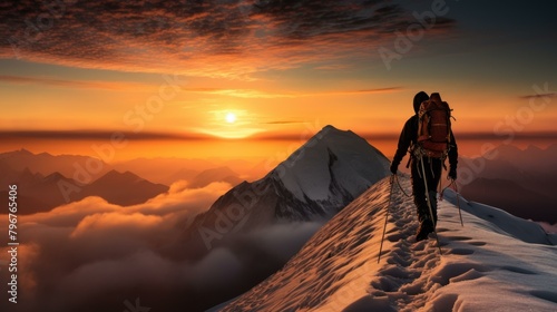 b'A lone mountaineer ascends a treacherous peak as the sun sets behind him'