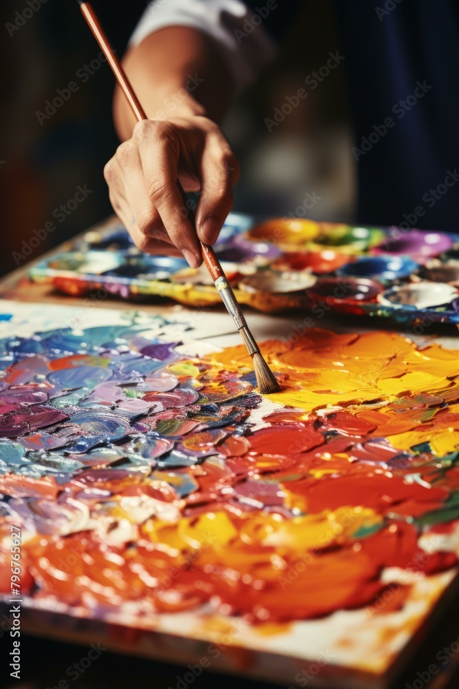 b'An artist mixes oil paints on a palette with a paintbrush in hand' b'An artist mixes oil paints on a palette with a paintbrush in hand'