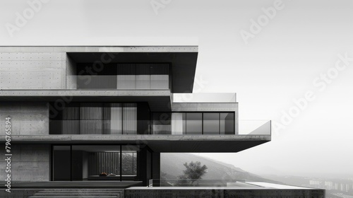 b'Black and white photo of a modern house with a pool' © duyina1990