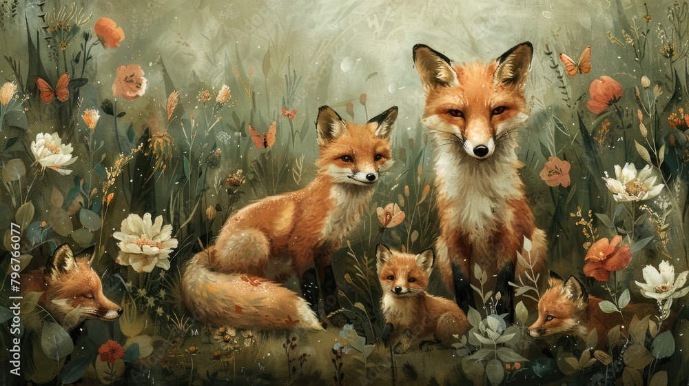 Obraz premium a portrait family of fox in a lush green forest, watercolor style, vibrant colors, soft and whimsical, peaceful and serene, mama and baby animals, with flowers and butterflies, AI Generative