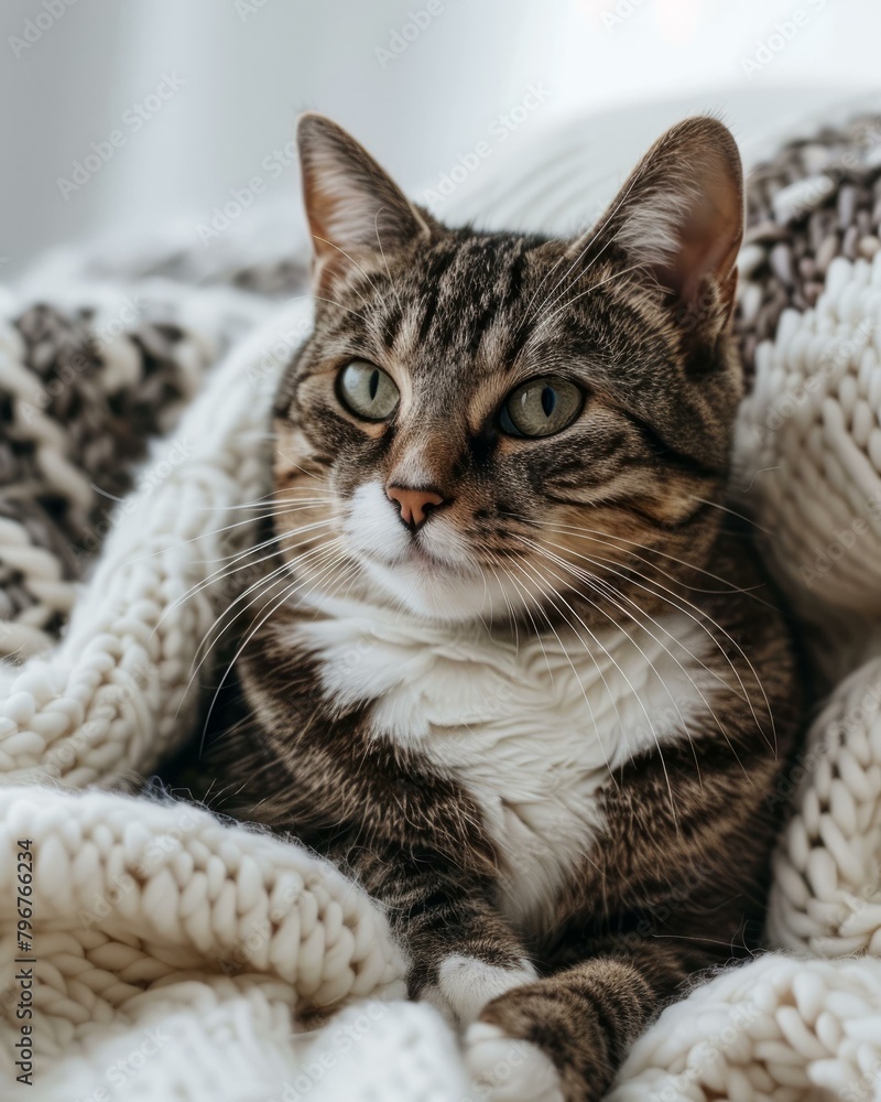 Fototapeta premium b'A cute tabby cat wrapped in a blanket'