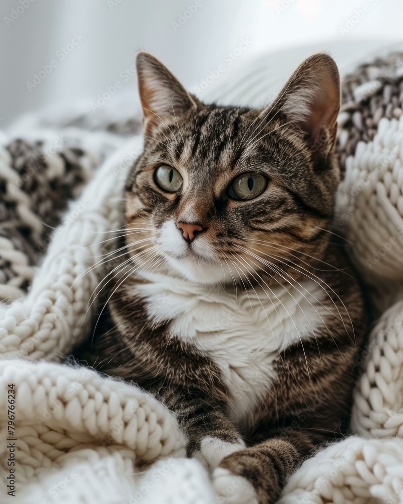 b'A cute tabby cat wrapped in a blanket'