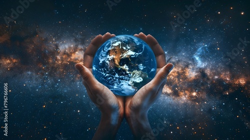 Magazine Photography Showcases Global Health Awareness Hands United in Heartfelt Embrace of Earth within Infinite Cosmic Space Generative ai photo