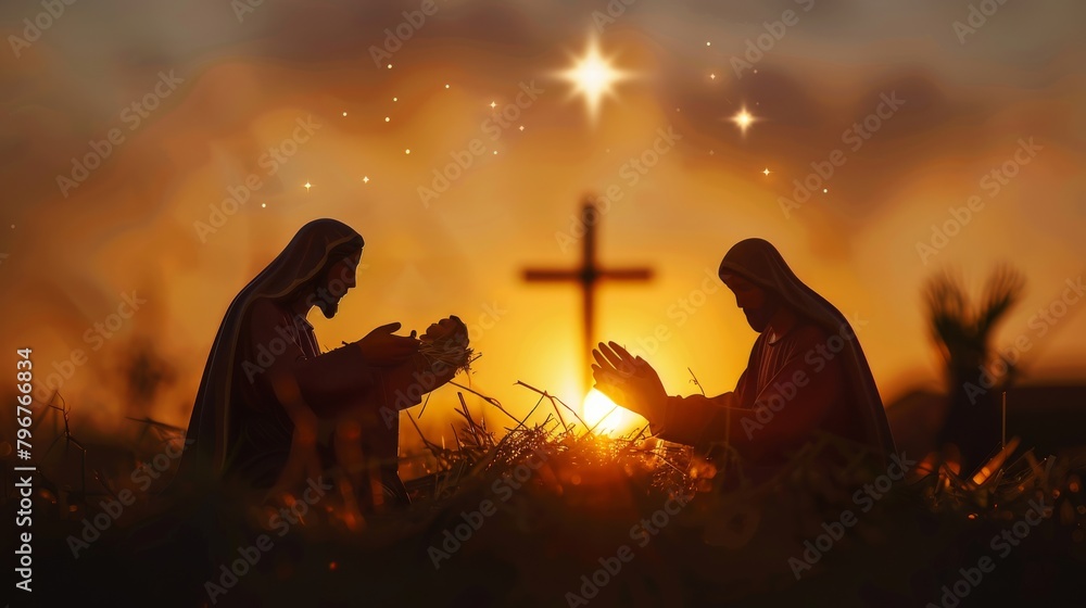 Nativity Of Jesus - Scene With The Holy Family With Comet At Sunrise Nativity hands with palm up over blurred cross Christmas concept --ar 16:9 Job ID: 7d43a2ab-18d5-438a-8825-c674dee6c32d - obrazy, fototapety, plakaty 