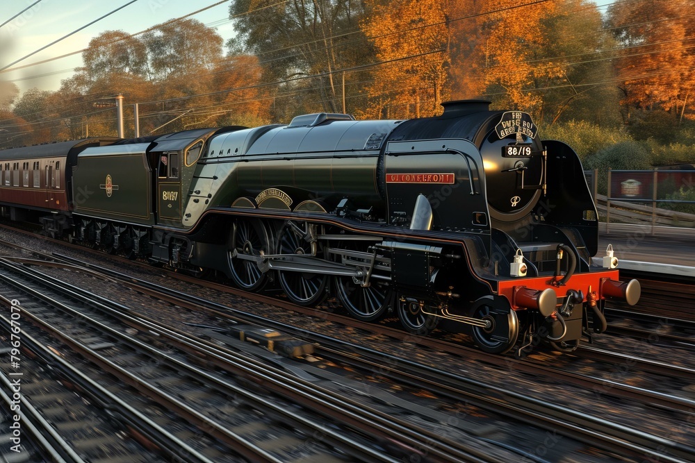 Fototapeta premium b'A steam locomotive train is running on the railway in autumn'