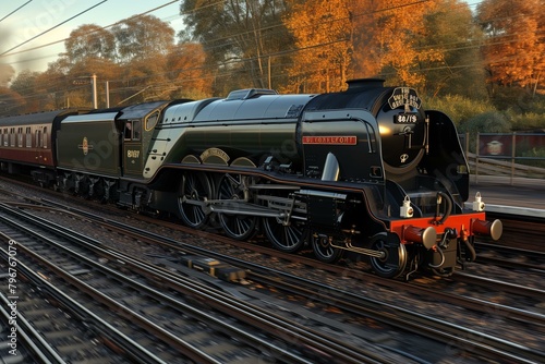 b'A steam locomotive train is running on the railway in autumn' photo