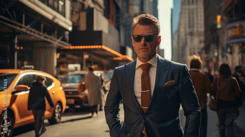 b'Confident businessman in sunglasses walking down a busy city street' b'Confident businessman in sunglasses walking down a busy city street'