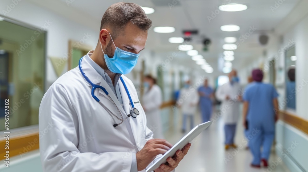 b'Doctor wearing a mask while using a tablet in a hospital hallway' b'Doctor wearing a mask while using a tablet in a hospital hallway'