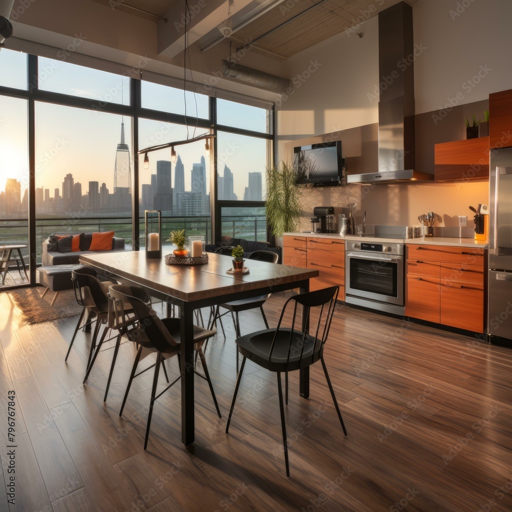 b'Modern apartment interior with city view'