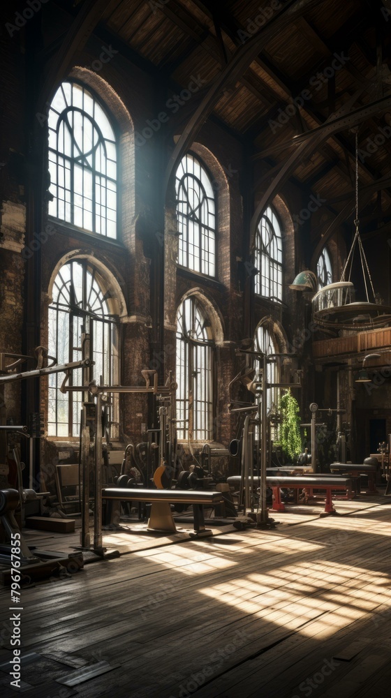 b'Vintage industrial gym interior with large arched windows and wooden floor'