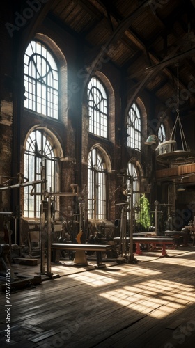 b'Vintage industrial gym interior with large arched windows and wooden floor' © duyina1990