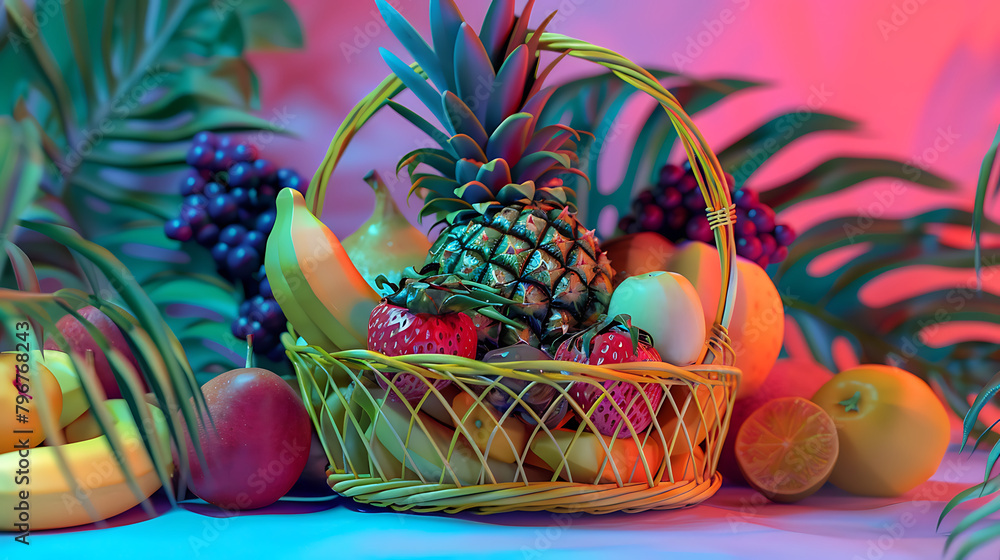 Pastel Harvest A vibrant 3D-rendered image of a fruit basket filled with glossy, candy-colored bananas, grapes, apples, and strawberries, set against a soft pastel gradient background - obrazy, fototapety, plakaty 
