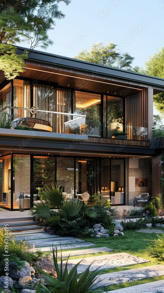 Fototapeta premium b'Modern luxury house exterior design with natural elements'