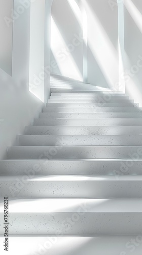 b'3D rendering of a white staircase with sunlight shining through the window'