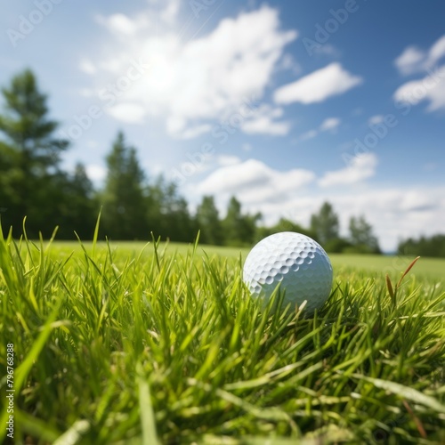 b'Close-up of a golf ball on the green with the fairway and trees in the background'