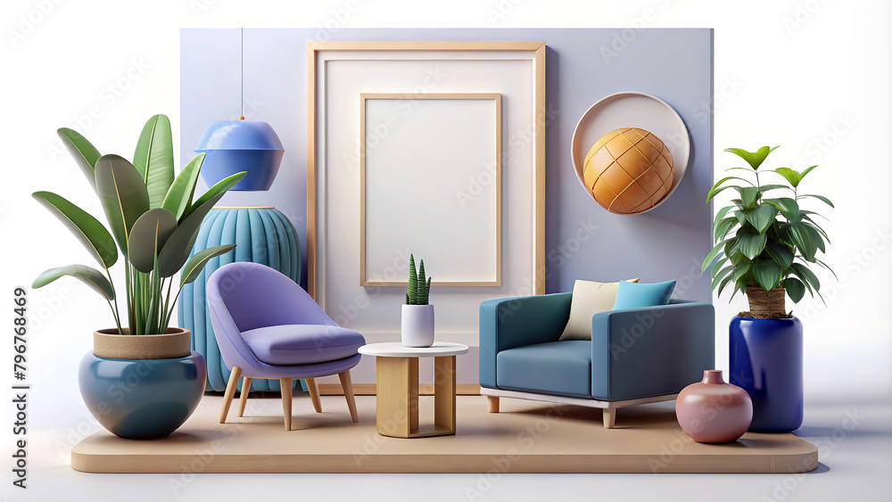 Modern living room is furnished with stylish furniture and decorative plants,presenting a cosy yet contemporary design.Neutral backdrop a blue armchair,sofa with cushions and a blank picture frame.AI - obrazy, fototapety, plakaty 