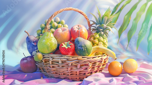 Pastel Harvest A vibrant 3D-rendered image of a fruit basket filled with glossy  candy-colored bananas  grapes  apples  and strawberries  set against a soft pastel gradient background