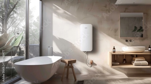 Modern external continuous flow electric water heater mounted on house wall in bathroom