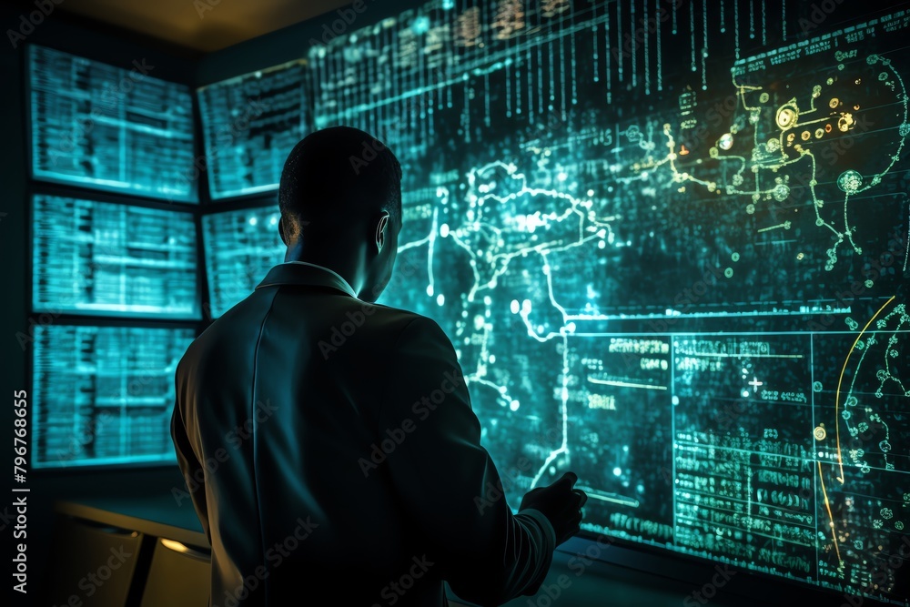 A man standing in front of a large screen with a map of the world on it A man standing in front of a large screen with a map of the world on it