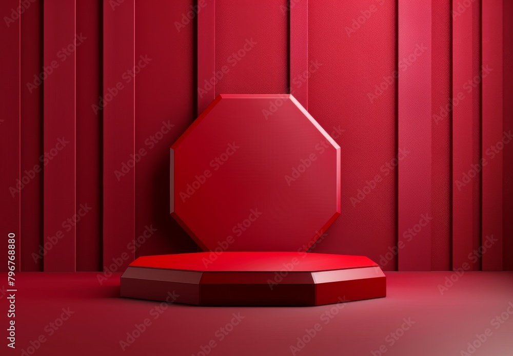 Create hyper-realistic luxury product display on Sony A6100 with red theme, octagon podium, clean background, front view, no products shown. - obrazy, fototapety, plakaty 