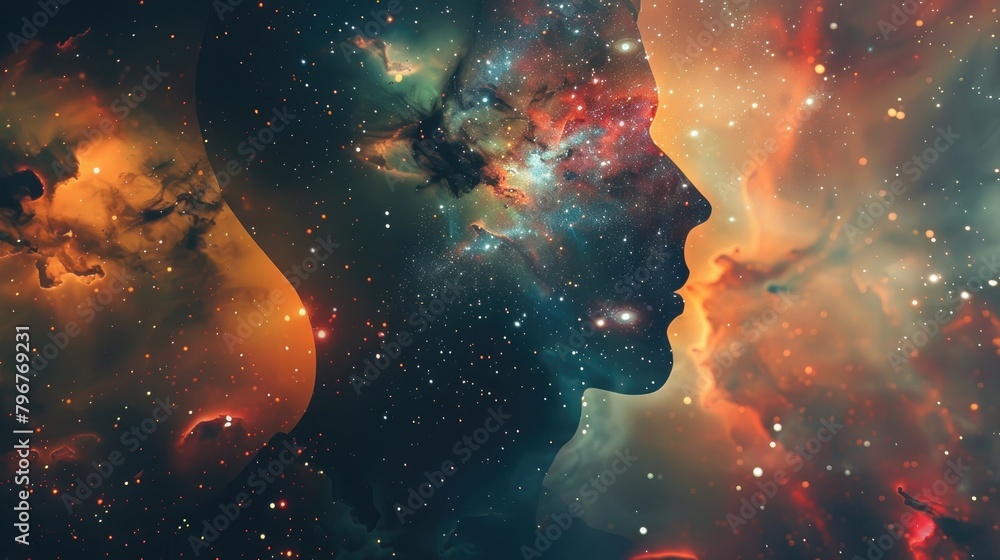 Abstract design of a human silhouette shadow overlaying a galaxy scene ...