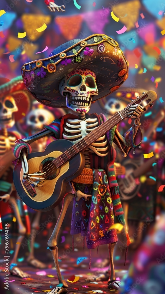 Vibrant 3D illustration of a skeleton mariachi band performing at Fiesta San Antonio, adorned in traditional attire, with colorful confetti in the background,