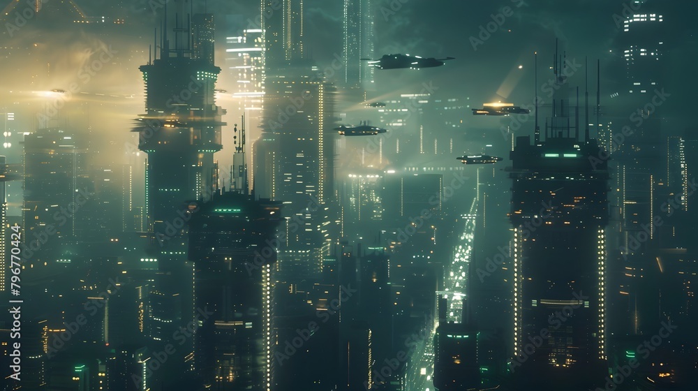 Advanced Urban World: A Futuristic Cityscape of High-rise Buildings and Flying Vehicles
