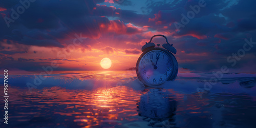 Clock on the beach at sunset photo