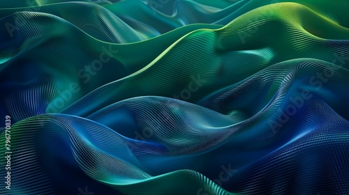 Geometric Aurora: A 3D Render of Soft Waves in Fabric-like Geometry Transitioning from Deep Blues