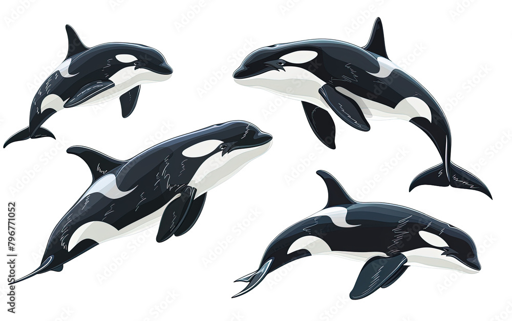 Naklejka premium Collection of orca, killer whales isolated on white or transparent background