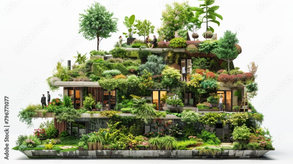A model of a building with a green roof and a garden on top A model of a building with a green roof and a garden on top