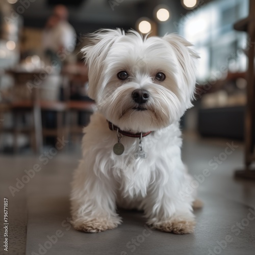 White maltese dog sitting indoors with a curious look