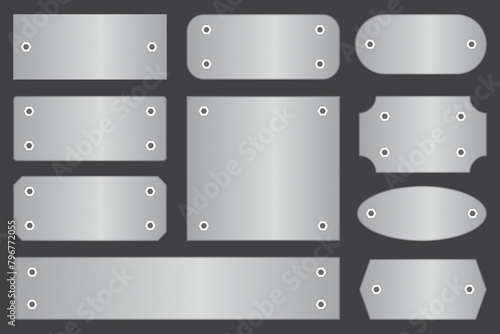 Metal steel plate with screws. Realistic vector set of metal nameplates.