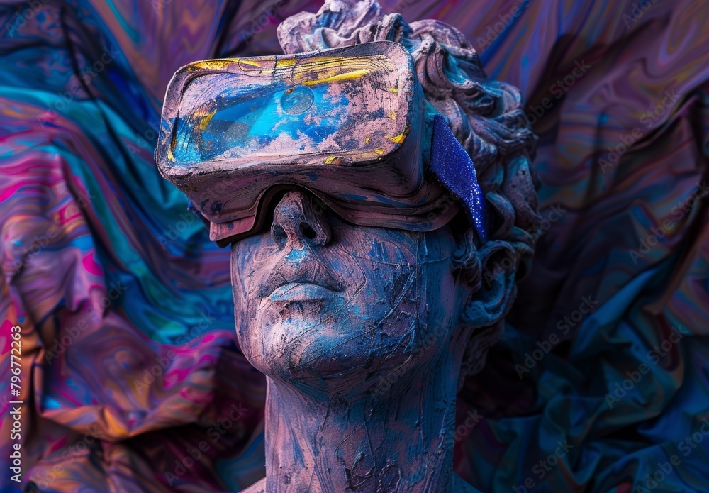 Statue wearing AR glasses depicted in an expressionist art image - obrazy, fototapety, plakaty 
