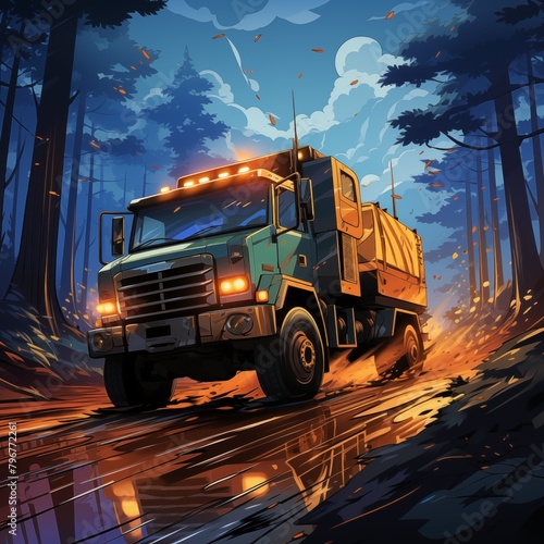 Illustration of a truck driving through a forest at dusk