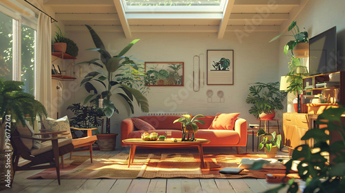 Scandinavian style living room with a skylight © Mahira