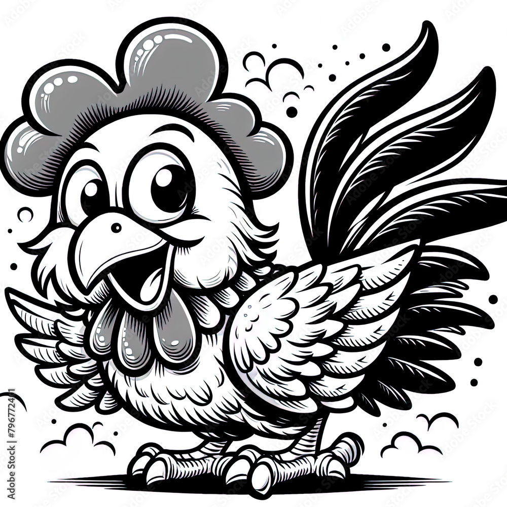 Fototapeta premium Eine schwarz weiße Vektorgrafik eines lustigen Huhnes