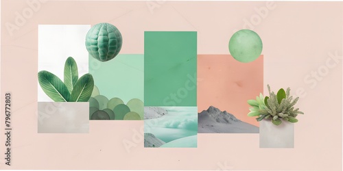 collage texture photo fonts pastel tones botanical plants flower green business card, planner, diary, opening, letter white green bubble © Anelya