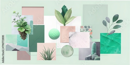 collage texture photo fonts pastel tones botanical plants flower green business card, planner, diary, opening, letter white green bubble © Anelya