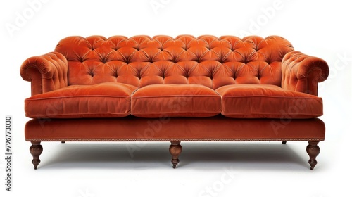 Modern minimalist soft and comfortable orange sofa chair on white wall background.