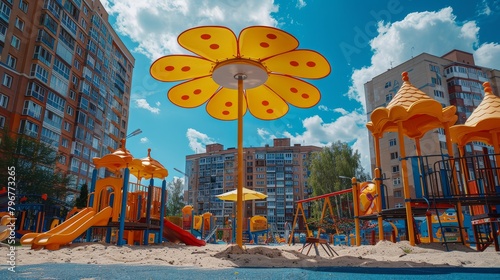  Summer Fun at Ukrainian Playground: Sand Box, Seesaw, and Flower-Shaped Sun Umbrella photo