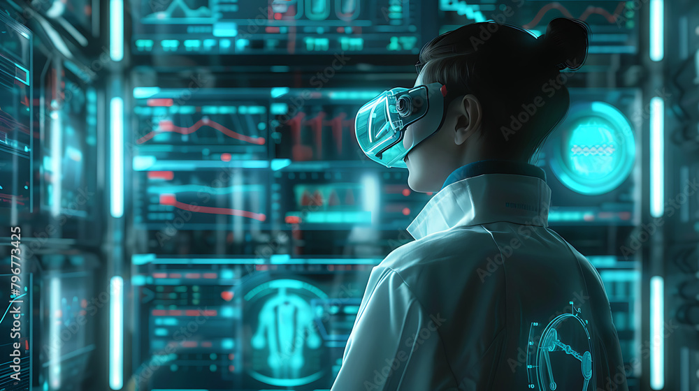 Cybernetic Visionary A striking image of a man donning high-tech glasses, gazing at complex digital interfaces with intricate designs and glowing neon blue lights Cybernetic Visionary A striking image of a man donning high-tech glasses, gazing at complex digital interfaces with intricate designs and glowing neon blue lights