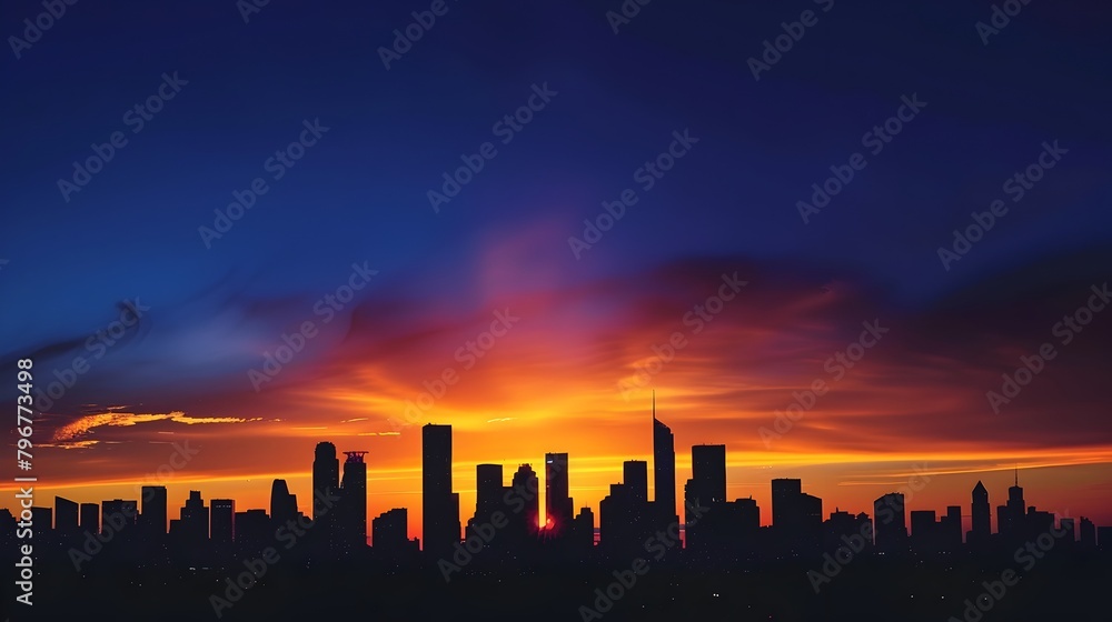 Tranquil Metropolitan Twilight: A Vivid Silhouette of a Bustling City Skyline at Sunset