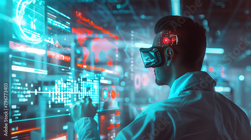 Cybernetic Visionary A striking image of a man donning high-tech glasses, gazing at complex digital interfaces with intricate designs and glowing neon blue lights photo