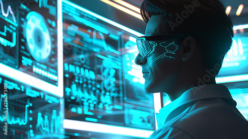 Cybernetic Visionary A striking image of a man donning high-tech glasses, gazing at complex digital interfaces with intricate designs and glowing neon blue lights