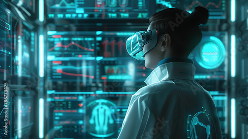 Cybernetic Visionary A striking image of a man donning high-tech glasses, gazing at complex digital interfaces with intricate designs and glowing neon blue lights photo