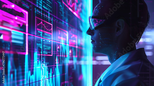 Cybernetic Visionary A striking image of a man donning high-tech glasses, gazing at complex digital interfaces with intricate designs and glowing neon blue lights photo