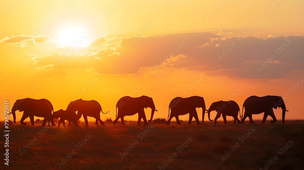 Fototapeta premium Safari Sunset Silhouette: Elephant Herd Roaming the Vast Grassland Horizon