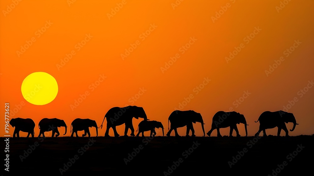 Graceful Giants on the Savanna Horizon: An Elephant Herd's Sunset Safari Walk